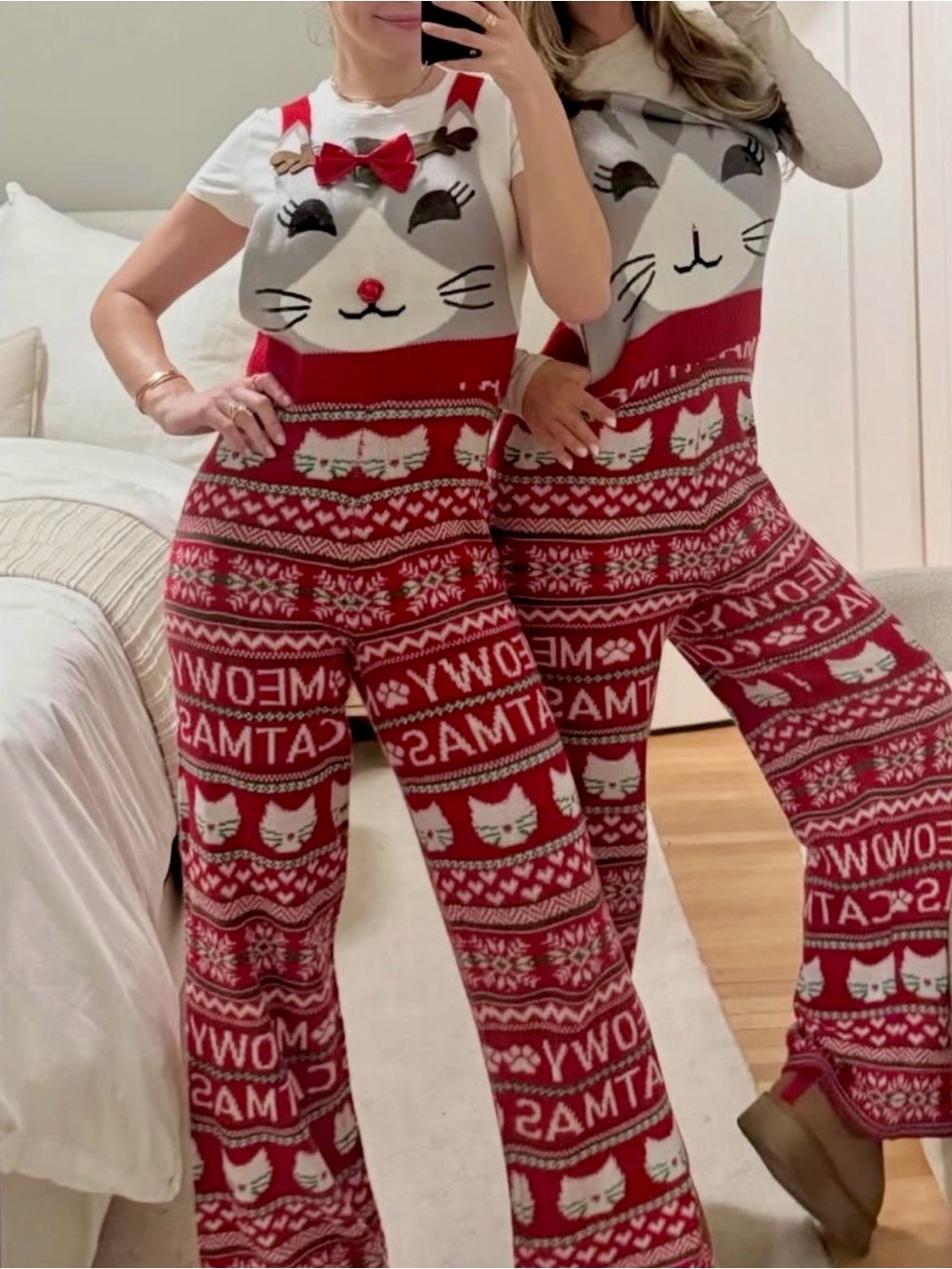 Meowy Catmas Novelty Quirky Red White Christmas Cat Jumpsuit Wide Leg Overalls S